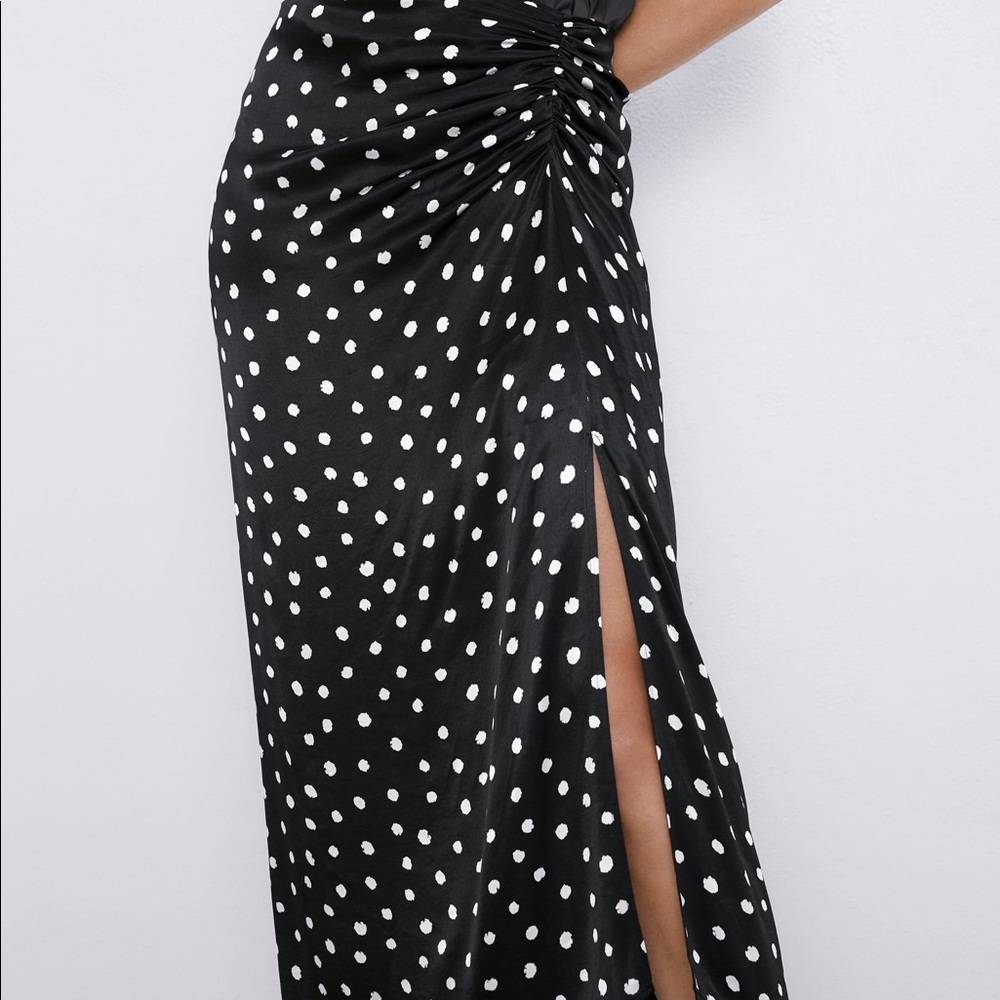 Zara Black Polka Dot Satin Midi Long Skirt Ruched Size XS